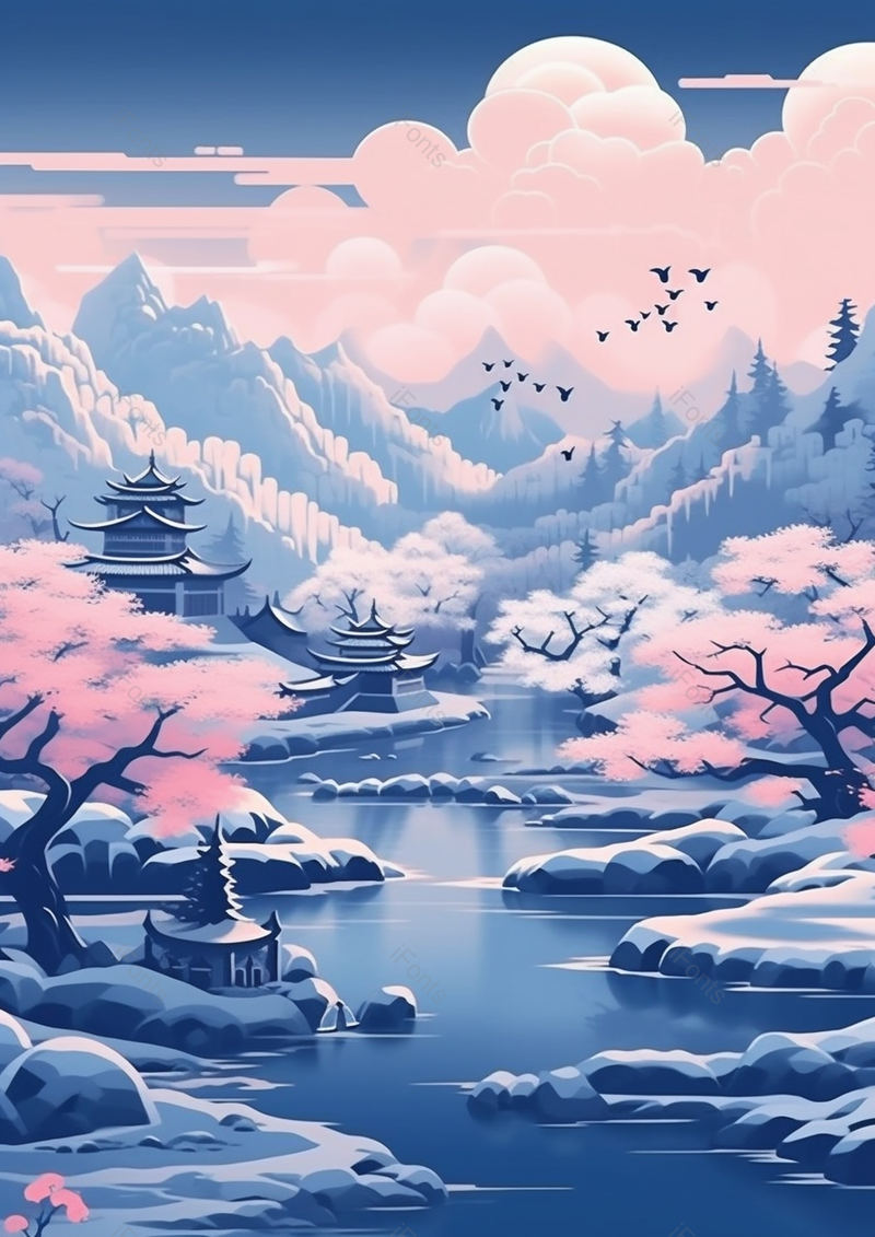 冬天安静的河边日出插画背景自然景色手绘,插画/手绘图,插画/手绘图库,插画/手绘图下载,插画/手绘